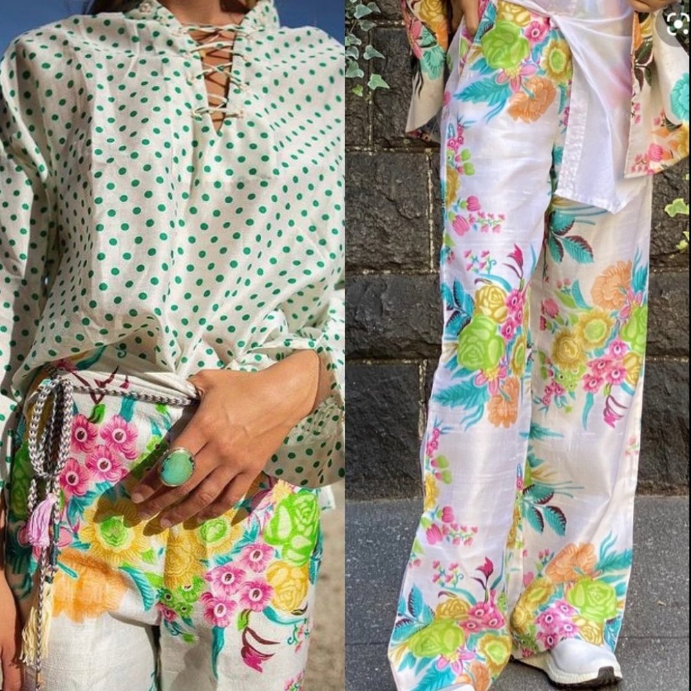 Alix of Bohemia Hendrix Silk Wide Leg Pants in acid floral NWOT L